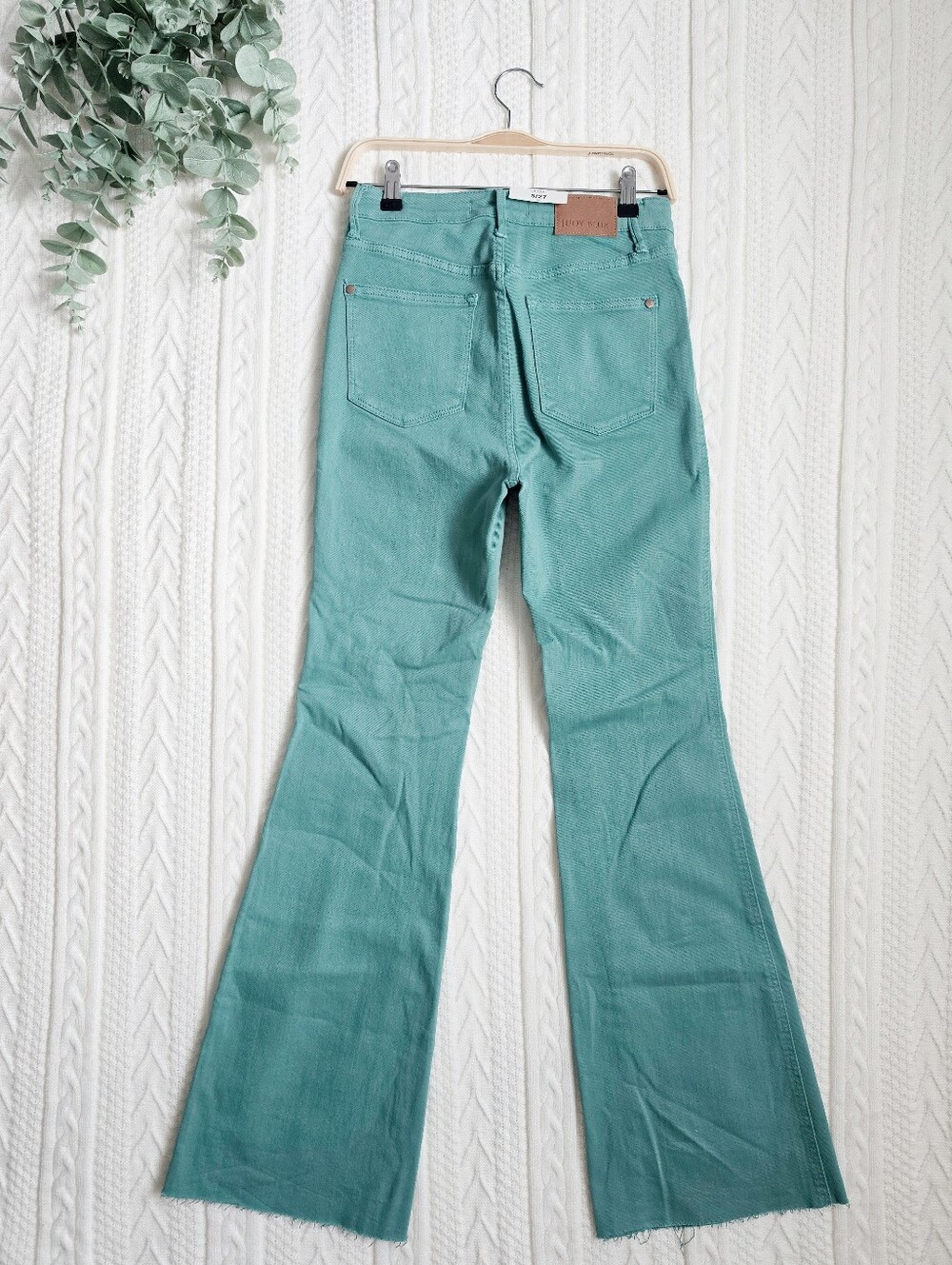 Judy Blue High Rise Garment Dyed Flare Jeans Teal Green Raw Hem Stretch 5/27 NEW - Picture 9 of 12
